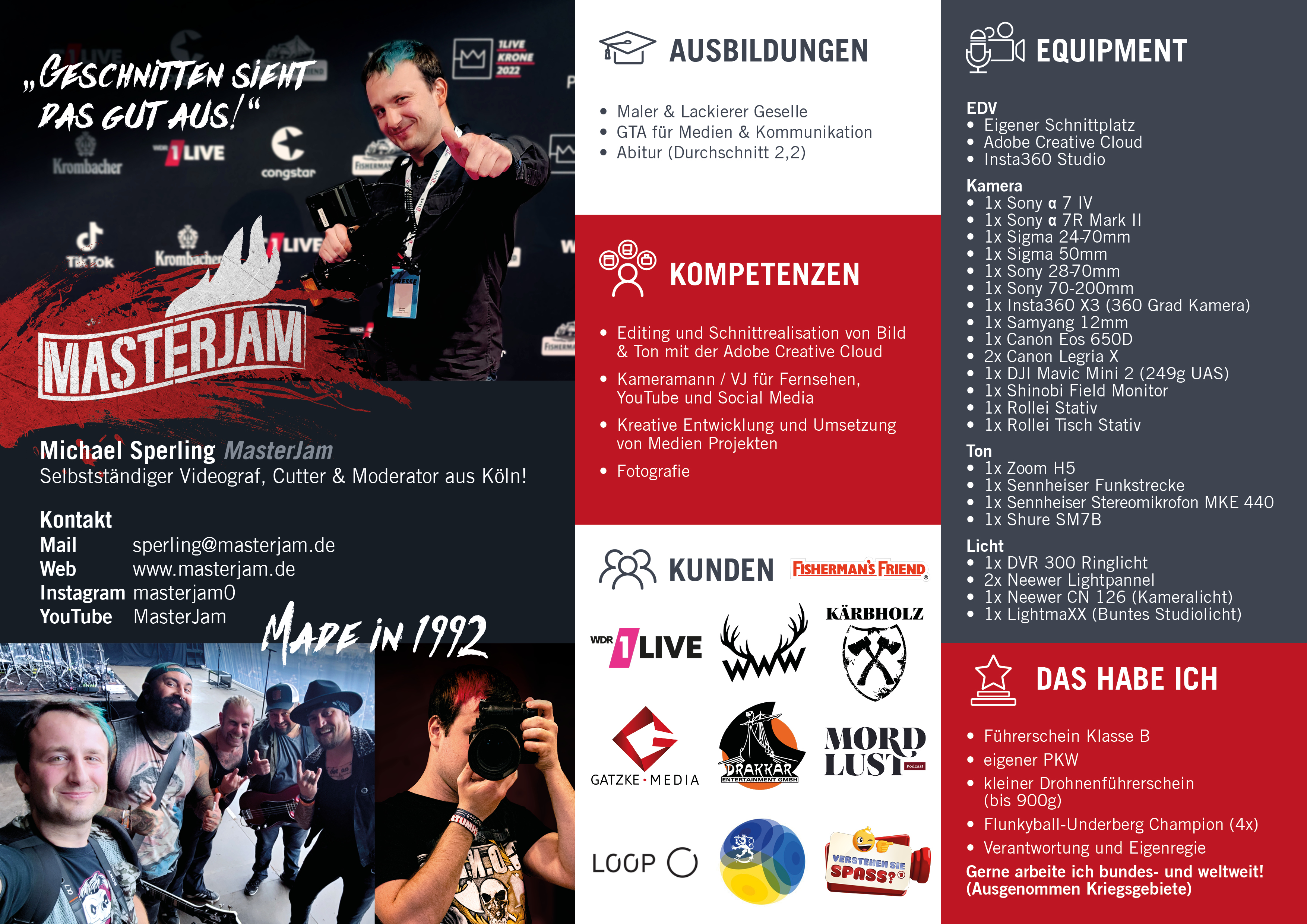 Übersicht über meine Ausbildung, Referenzen, Kunden und Equipment. Kontakt sperling@masterjam.de